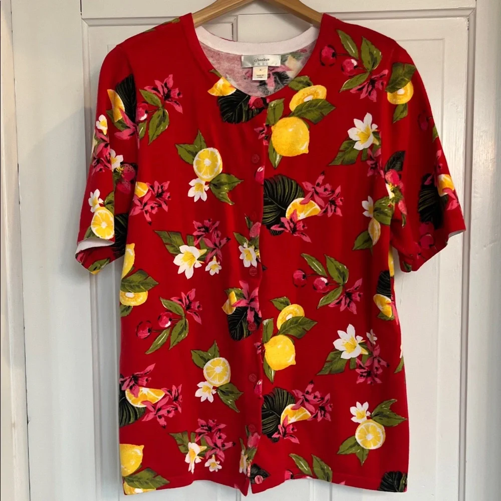 CJ Banks Women’s Red Floral Spring Lemon Short Sleeve Cardigan Size XL